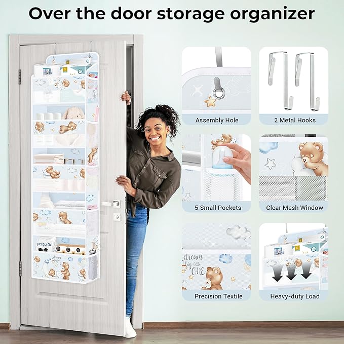 Clastyle Animals Over The Door Organizer Star Nursery Hanging Storage Organizer for Kids Clothes Diaper Toy Closet Door Hanging Shelf Storage for Bedroom Bathroom Pantry, Bear, 5-Tier