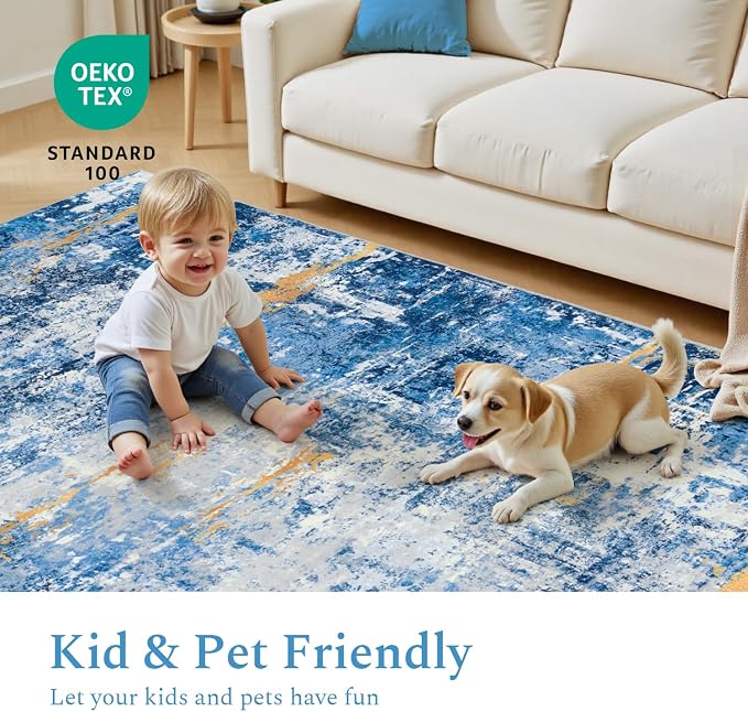 Rugflix 5x7 Area Rugs for Living Room, Washable Sky Blue Gold Large Rug | - Image 6