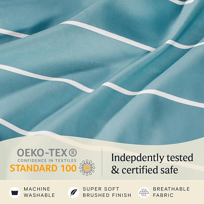 LuxClub 4 PC Queen Size Sheet Set Bed Sheets, Breathable Luxury Deep Pockets Wrinkle Free Cooling Sheets Machine Washable Hotel Bedding (Queen, Striped Light Blue)