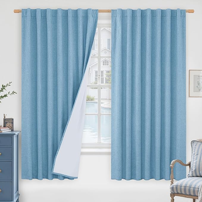 100% Blackout Linen Curtains 63 Inches Long, 60 x 63 Inch | Thermal Insulated by LAMIT