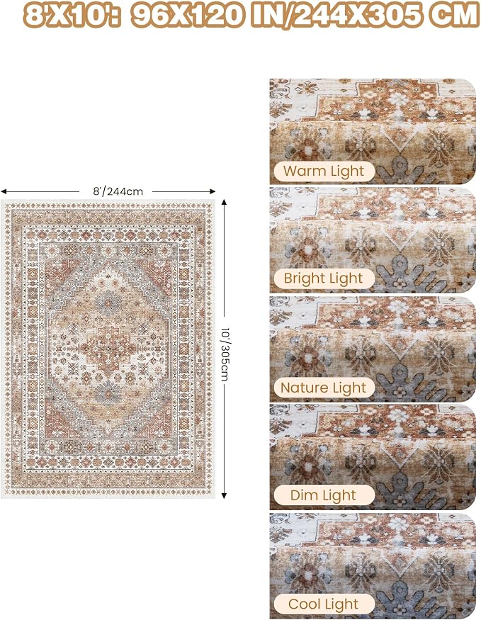 Washable Rugs 8x10 Area Rugs for Living Room, Vintage Floral Bedroom Rugs - Image 2