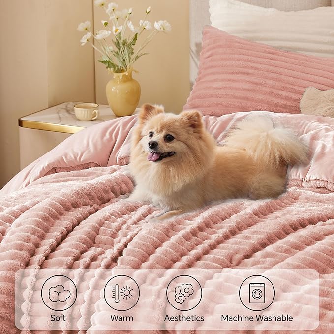 BEDELITE Fleece Twin Comforter Set -Super Soft & Warm Fluffy Dusty Pink Bedding, Luxury Fuzzy Heavy Bed Set for Winter with 1 Pillow case