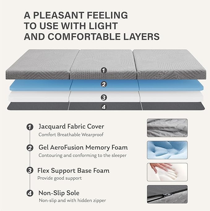 Tri-Fold Memory Foam Mattress, 6 inch Queen Folding Topper with Collapsible and Washable Cover, Travel and Guest Mat, 80"×60"×6", Grey