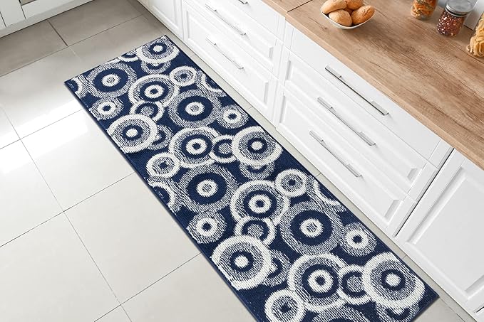Custom Length Cut to Size Retro Modern Coastal Carpet Runner Rug for Hallways, Non Slip Rubber Backed, 31 inch Wide X Customized Length, Geo Blue, 31 inch X 12 feet