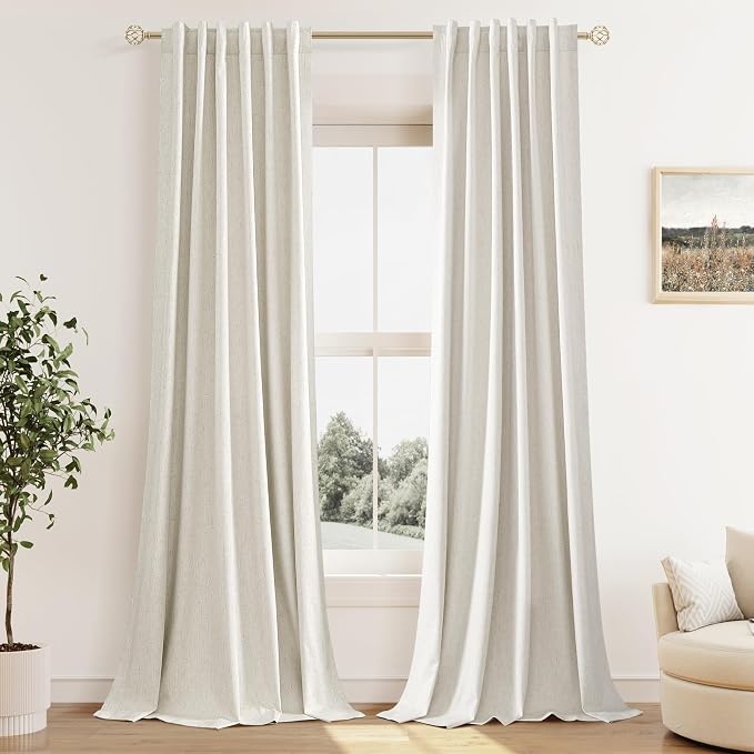 100% Blackout Linen Curtains for Bedroom 96 Inches Long 8 FT Natural Cream by Guken