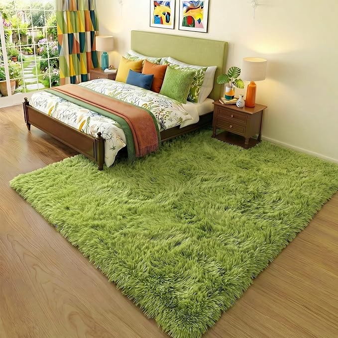 Amdrebio Grass Green Fluffy Area Rug 4x6 - Image 3