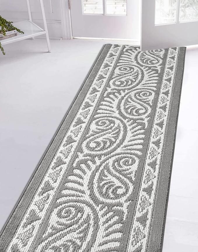 Custom Length Cut to Size Tribal Ethnic Southwestern Inspired Hallway Runner Rug, Non Slip Rubber Backed, 31 inch Wide X Customized Length, Mayan Grey, 31 inch X 6 feet