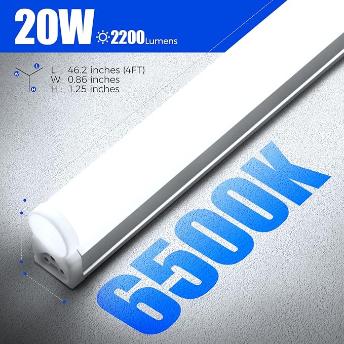 Barrina (6 Pack LED T5 Integrated Single Fixture, 4FT, 2200lm, 6500K Super Bright White, 20W Utility LED Shop Light, Ceiling and Under Cabinet Light, Corded Electric with ON/Off Switch, ETL Listed