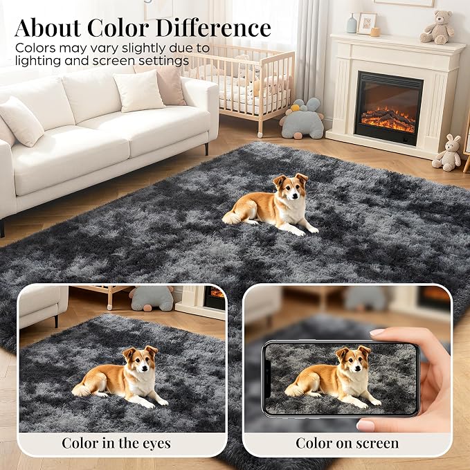 PLHXFR 9x12 Area Rugs Living Room: Fluffy Bedroom Soft Shag Rug Black Grey | - Image 7