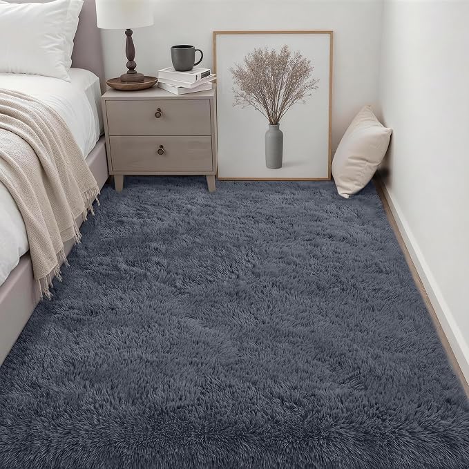 Area Rug Living Room Bedroom: 5x7 Fluffy Plush Shag Carpet Grey | - Image 3