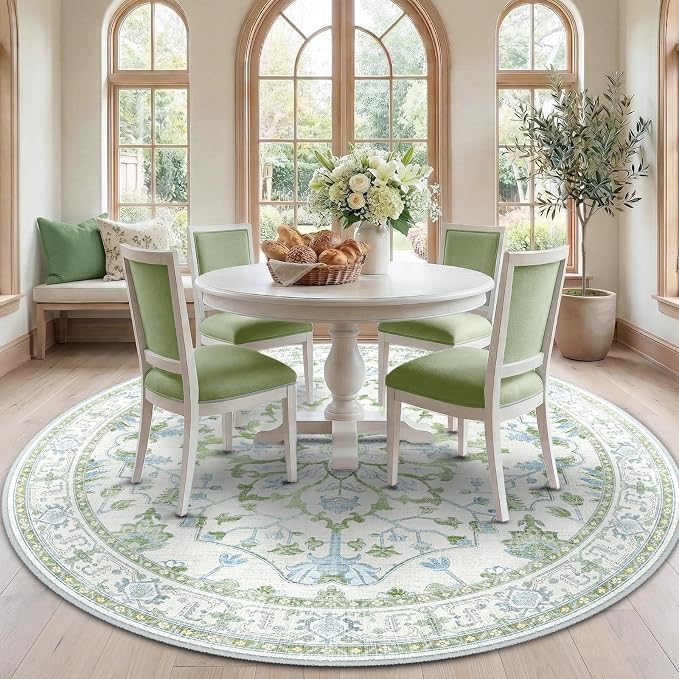 RELEANY Washable Area Rug, Round 7ft, Water Repellent, Pet Friendly, Vintage by RELEANY