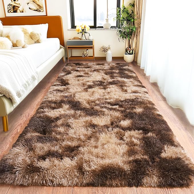 Pionblank Fluffy Runner Rugs for Bedroom 2x6, Tie-Dyed Coffee | Modern Shaggy by PIONBLANK
