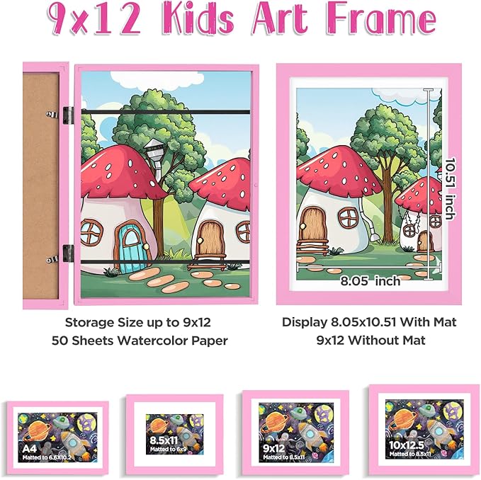 KINLINK 9x12 Kids Art Frames Set of 2, Solid Wood Kids Artwork Frames Changeable with Acrylic Front Opening Holds 150 Pictures, Art Frame for Kids Artwork with Mat or without Mat, Pink