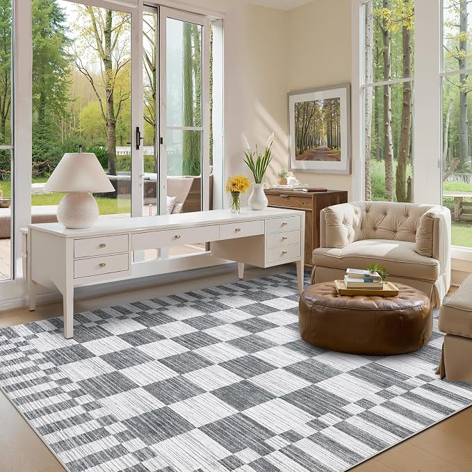 GarveeHome 8x10 Area Rugs Geometric Washable Modern Grey Checkered Rug | - Image 4