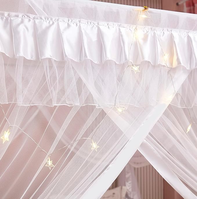 Mengersi Princess 4 Corners Post Bed Curtain Canopy Mosquito Net Princess Canopies (White, Full)