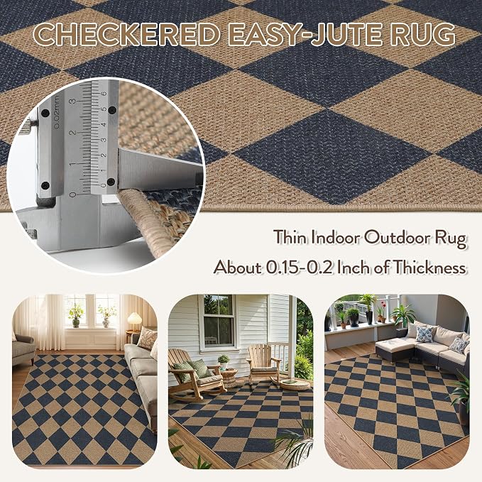 Lahome Checkered Easy Jute 5x7 Outdoor Patio Rug, Living Room Rugs Washable | - Image 4