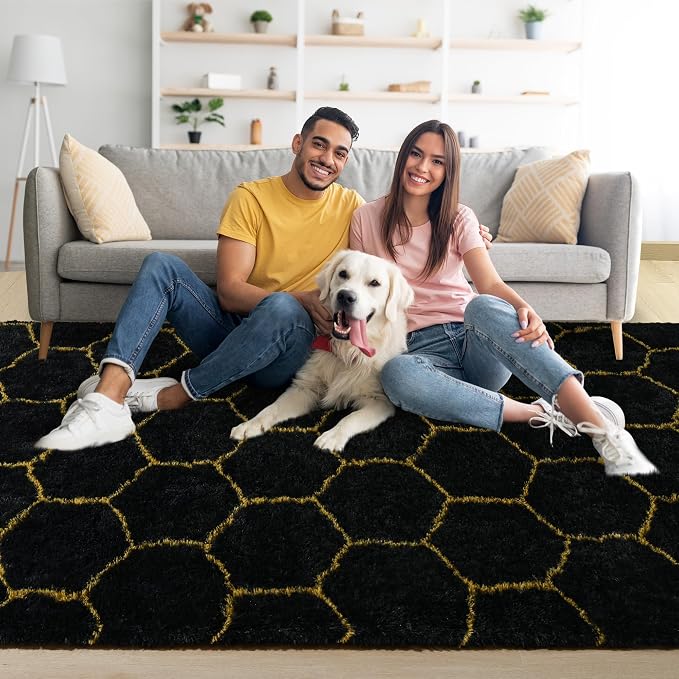 6x9 Large Black Gold Fluffy Soft Area Rug Non-Slip - Image 4