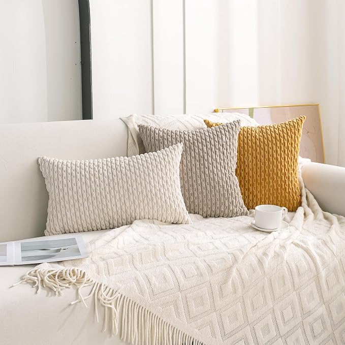 Set of 4 Neutral Decorative Throw Pillow Covers 16x16 Inch Corduroy Pillow - Image 3