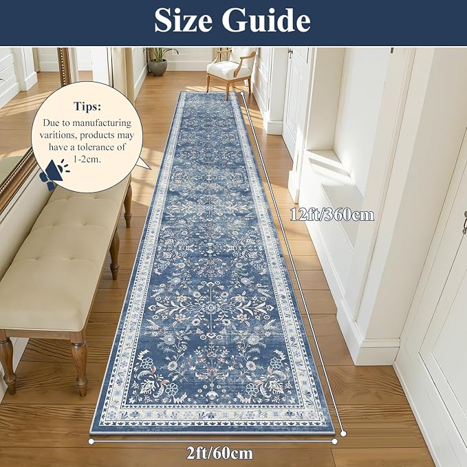 Yamaziot 2x12 Washable Hallway Runner Rug Non Slip Floral Carpet, Stain - Image 2