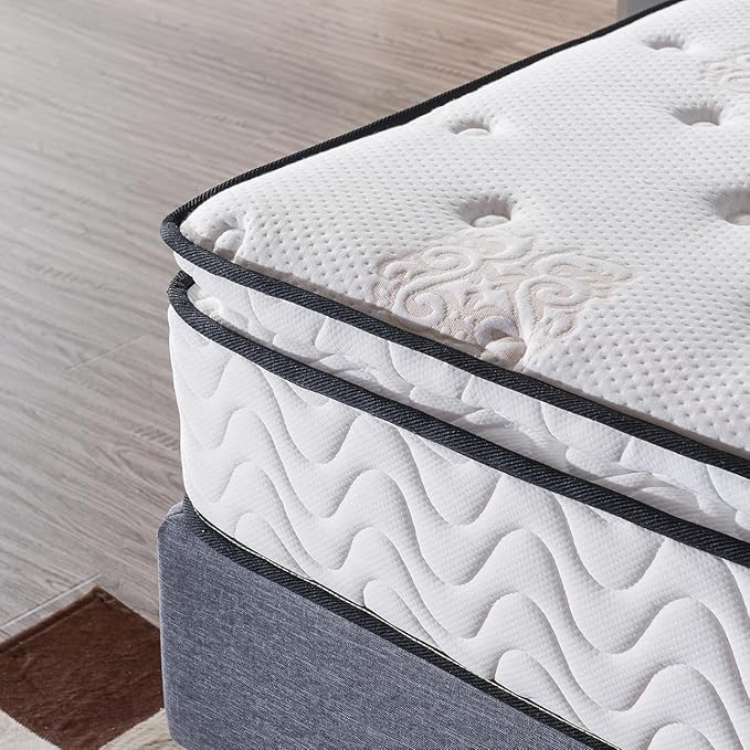 Queen Mattress 11.4 Inch Pillow Top Pocket Spring Hybrid Mattress, Memory Foam Innerspring Firm Bed in a Bag
