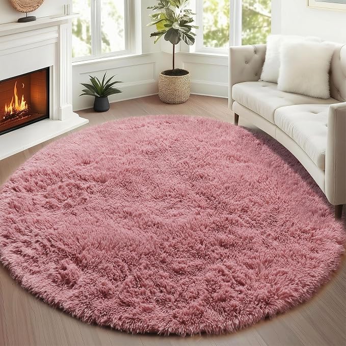Blush Round Area Rugs 4ft for Bedroom Living Room, Fluffy Circle Rug for Kids by ONASAR