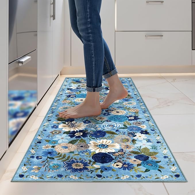 Blue Garden Floral Hallway Runner Rug 2x5for Bedroom Kitchen | Rubber Backing; by WelcometoBabovid