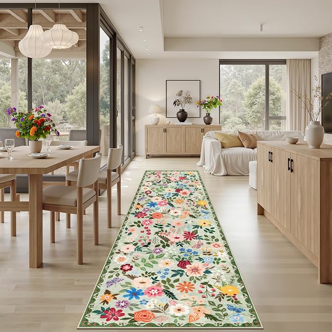 PLHXFR 3x10 Washable Runner Rug：Floral Indoor Kitchen Soft Carpet Green | - Image 4