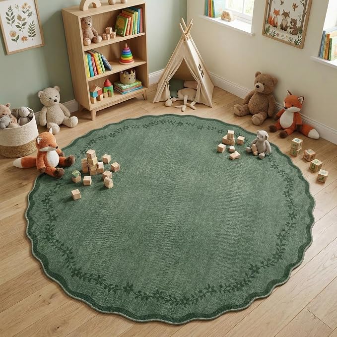 GarveeHome Round Rugs 4ft Scalloped Washable Small Circle Rug by GarveeHome