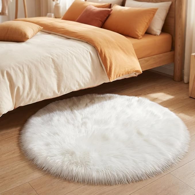 duduta White Faux Fur Sheepskin Round Rug 4x4 ft, Fluffy Shag Circle Rug | Shag - Image 6