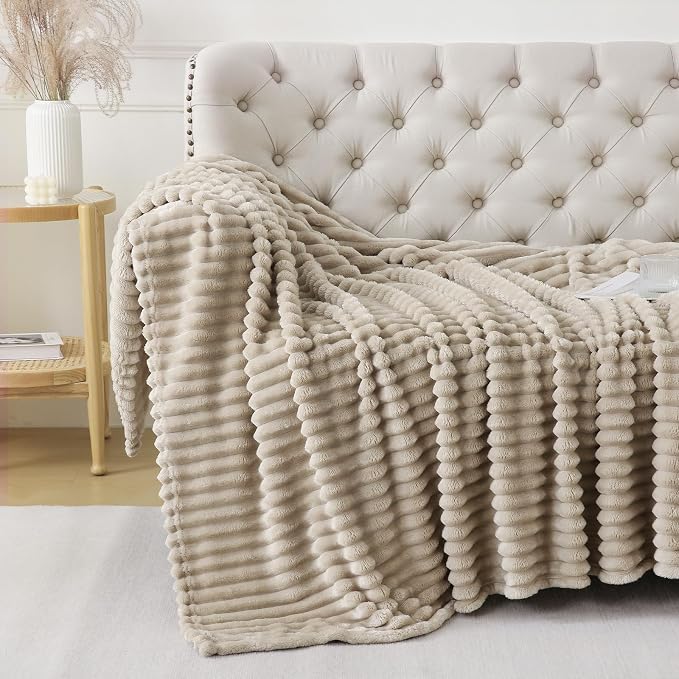 Khaki Throw Blanket for Couch Sofa 60x80 inches Striped Design | Fleece - Image 4