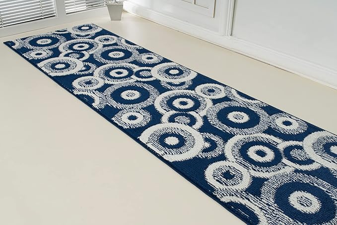 Custom Length Cut to Size Retro Modern Coastal Carpet Runner Rug for Hallways, Non Slip Rubber Backed, 31 inch Wide X Customized Length, Geo Blue, 31 inch X 15 feet