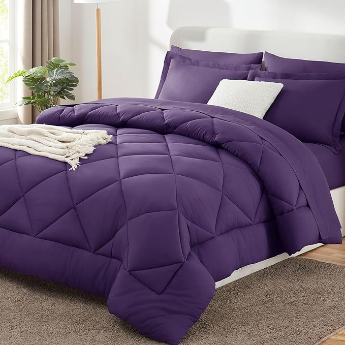 CozyLux Queen Comforter Set Purple - Bed in a Bag Queen Size 7 Pieces, Luxury Soft Bed Set for All Seasons, Bedding Set with Down Alternative Comforter, Sheets, Pillowcases & Shams