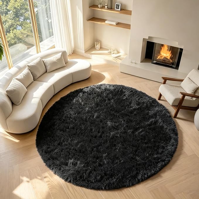 Black Round Rugs 7ft for Living Room, Fluffy Bedroom Circle Area Rug, Soft by ONASAR