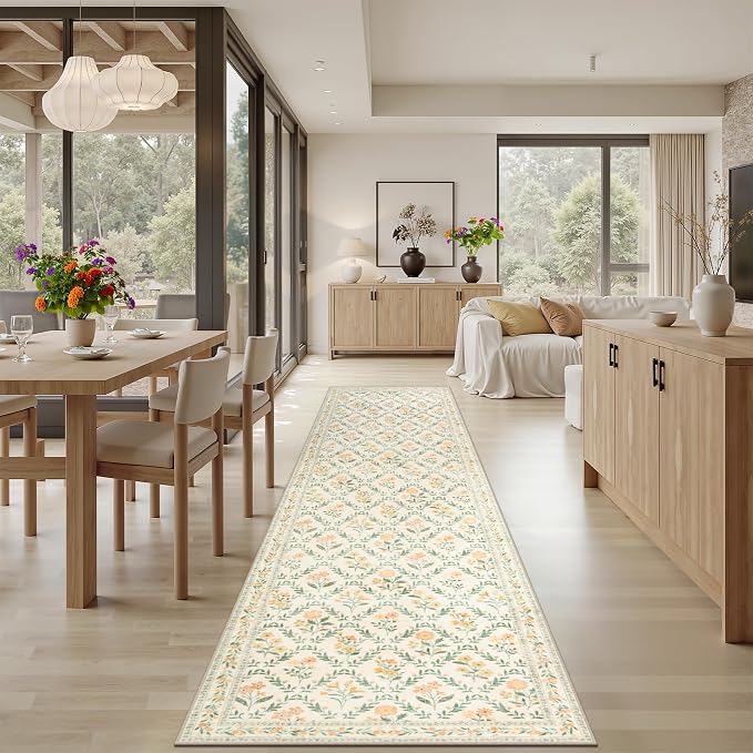 PLHXFR 2.6x10 Washable Runner Rug：Floral Indoor Kitchen Carpet Beige Multi | - Image 4