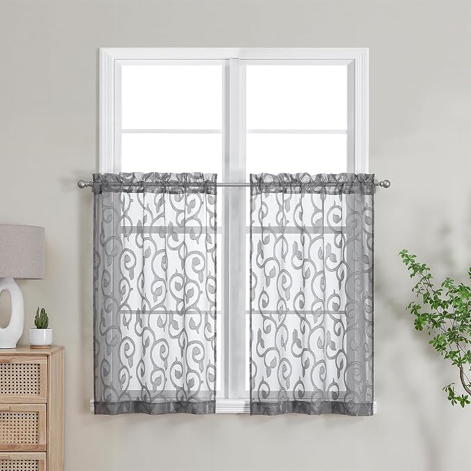 Furman Sheer Curtains Tiers 36 inch Length, Lightweight Soft Airy Solid Grey by OWENIE