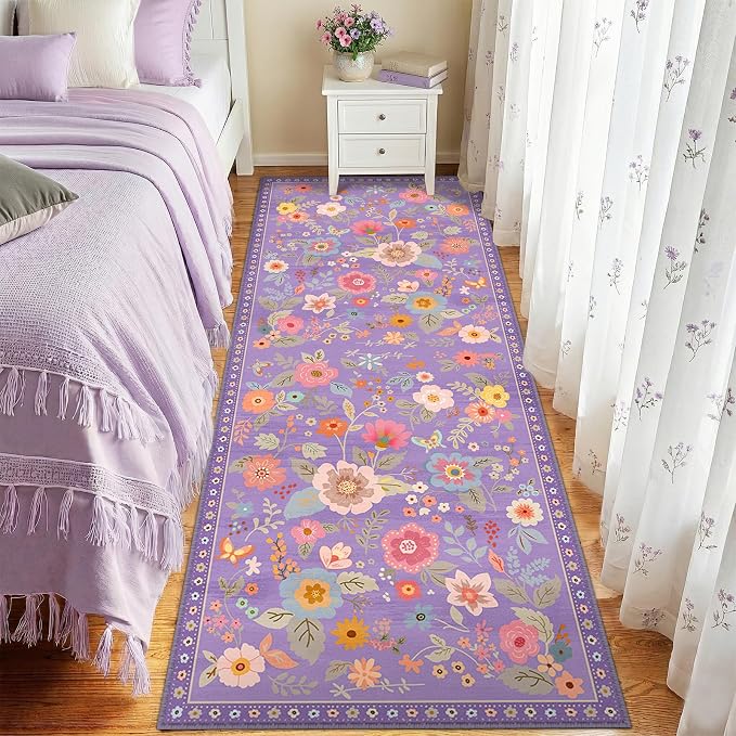 Floral Washable 2x6 Area Rugs Runner Entryway Hallway Purple/Pink | Flower by RELEANY