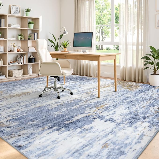 8x10 Area Rug for Living Room, Abstract Washable Large Rugs, Light Blue | - Image 6
