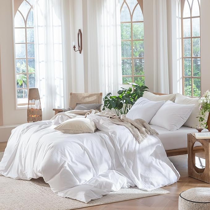 MooMee Bedding Duvet Cover Set 100% Washed Cotton Linen Like Textured Breathable Durable Soft Comfy (Solid Bright White, King 104"x90")
