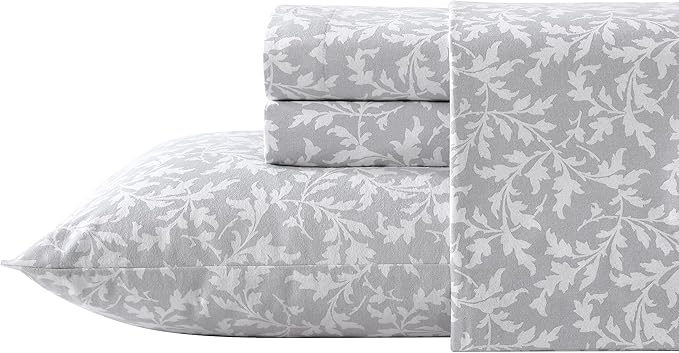 Laura Ashley - Flannel Sheets King Size, Anti-Pilling & Wrinkle Resistant Cotton, Touchably Soft for All-Season Comfort - Bed Sheets with Matching Pillowcases & Fitted Sheet (Crestwood Pastel Grey)