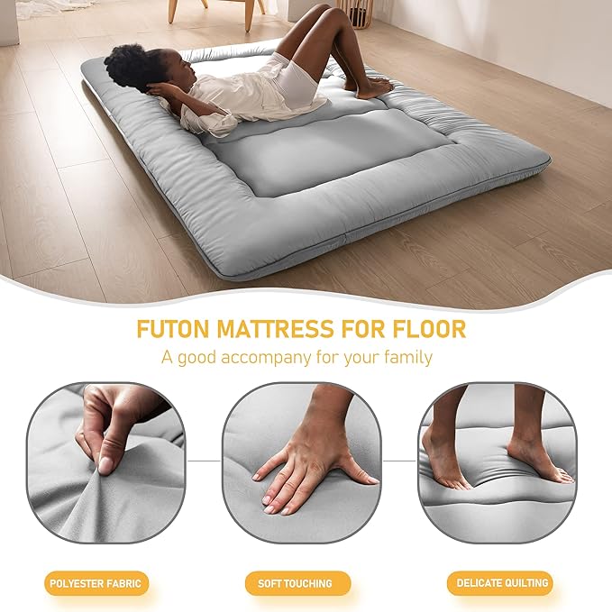 MAXYOYO Japanese Floor Mattress Futon Mattress, Thicken Daybed Futon Roll Up Guest Mattress Thicken Sleeping Pad Foldable Tatami Mat Floor Lounger Bed Couches and Sofas, Grey, Queen