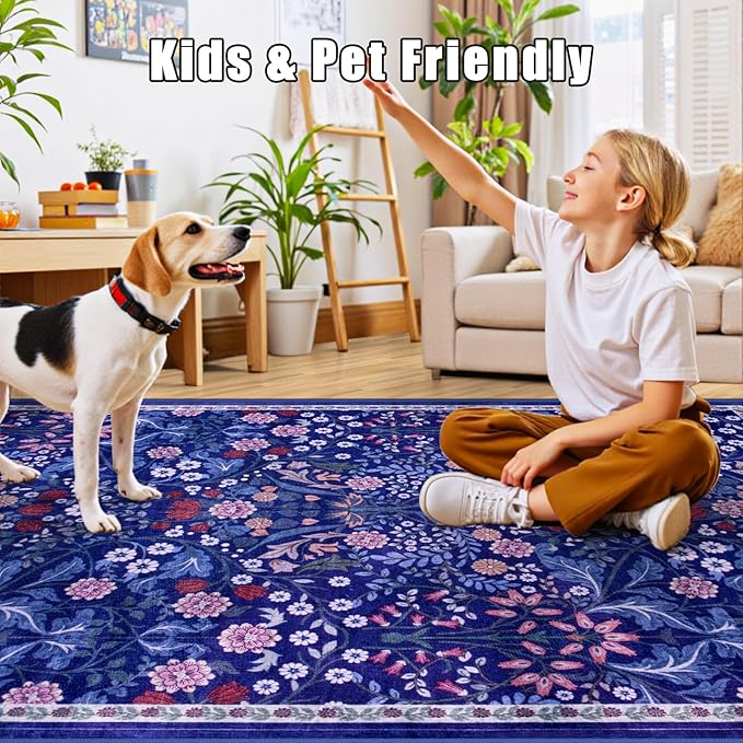 PLHXFR 2.6x14 Washable Runner Rug：Floral Indoor Kitchen Soft Carpet Blue | - Image 6