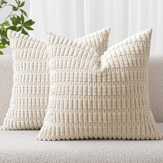 MIULEE Corduroy Decorative Throw Pillow Covers 16x16 Cream White Pack of 2 | by MIULEE