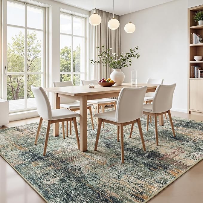 9x12 Area Rug for Living Room, Abstract Washable Large Rugs, Coffee/Green | - Image 3