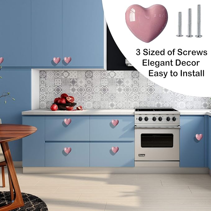Ceramic Drawer Knobs Heart Shape Cabinet Dresser Pulls Handles with 3 Sized Screws, Kitchen Furniture Knobs for Closet Cupboard Wardrobe (6, Pink)