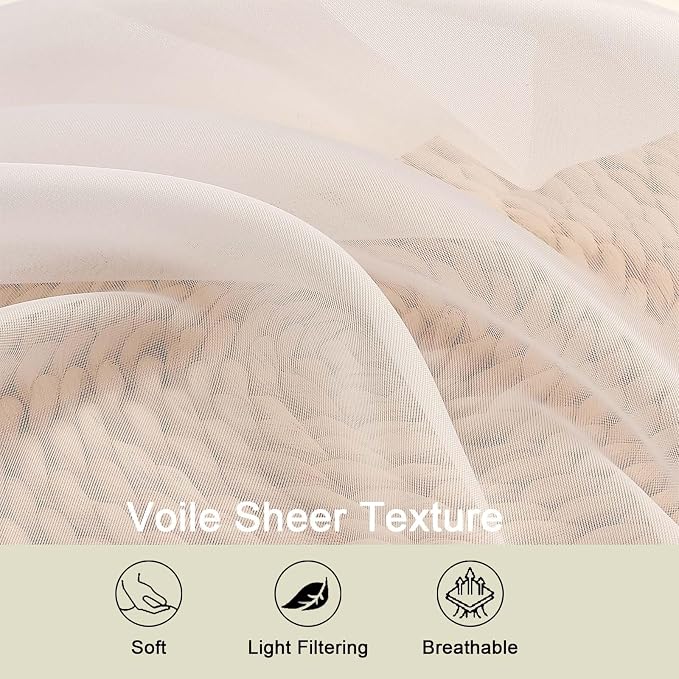 Sheer Cream Curtains for Bedroom Living Room 90 Inches Long 2 Panels Set - Image 3