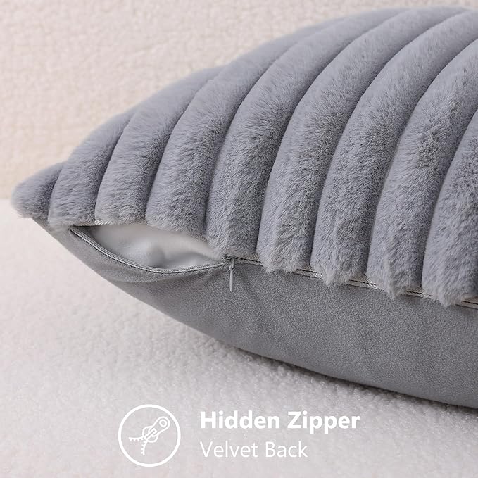 decorUhome Fall Faux Fur Throw Pillow Covers 12x20 Set of 2 Grey | Decorative - Image 3