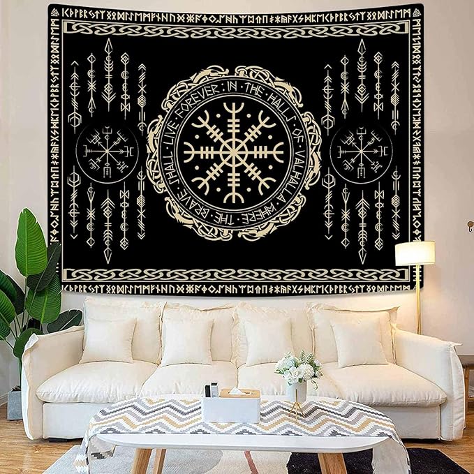OSUNBD Nordic Vikings Tapestry Magical Runic Compass Wall Hanging Home Decor Vegvisir Runes Artwork Pagan Tapestry Art Hanging Decor Large Size 78.7”x59.1” for Bedroom Living Room Dorm