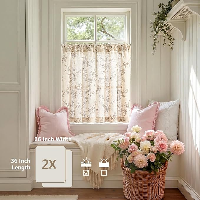 Taupe on Beige Linen Kitchen Curtains Rod Pocket 26W X 36L 2 Panels | Elisa - Image 4