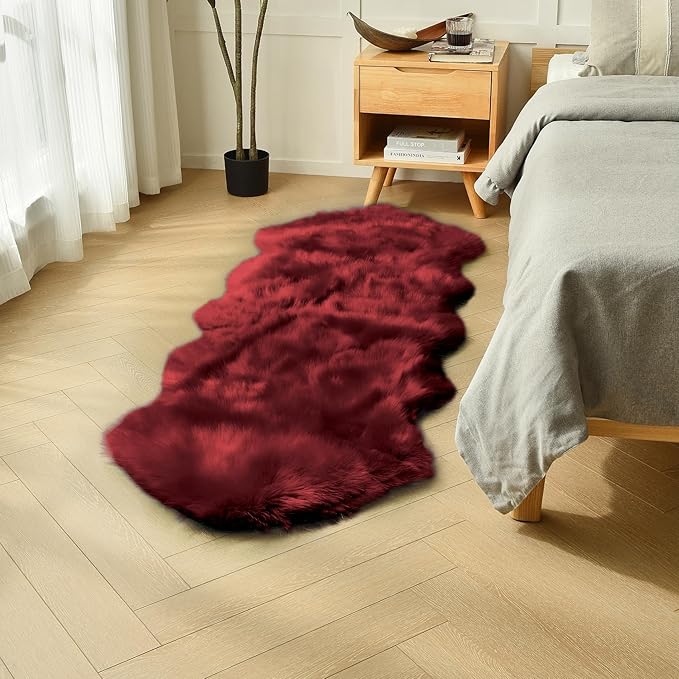 duduta Burgundy Faux Sheepskin Runner Rugs 2x6 ft, Fluffy Fur Couch Covers | by duduta