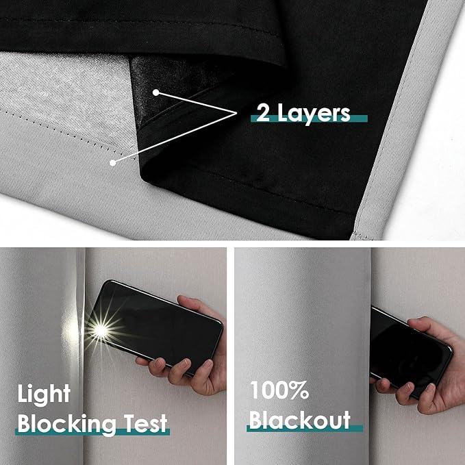 ChrisDowa 100% Blackout Curtains 102 inch Long for Bedroom with Black Liner, 2 Thick Layers Total Blackout Thermal Insulated Grommet Window Curtains 2 Panels Set (Light Grey, 52 x 102 Inch)
